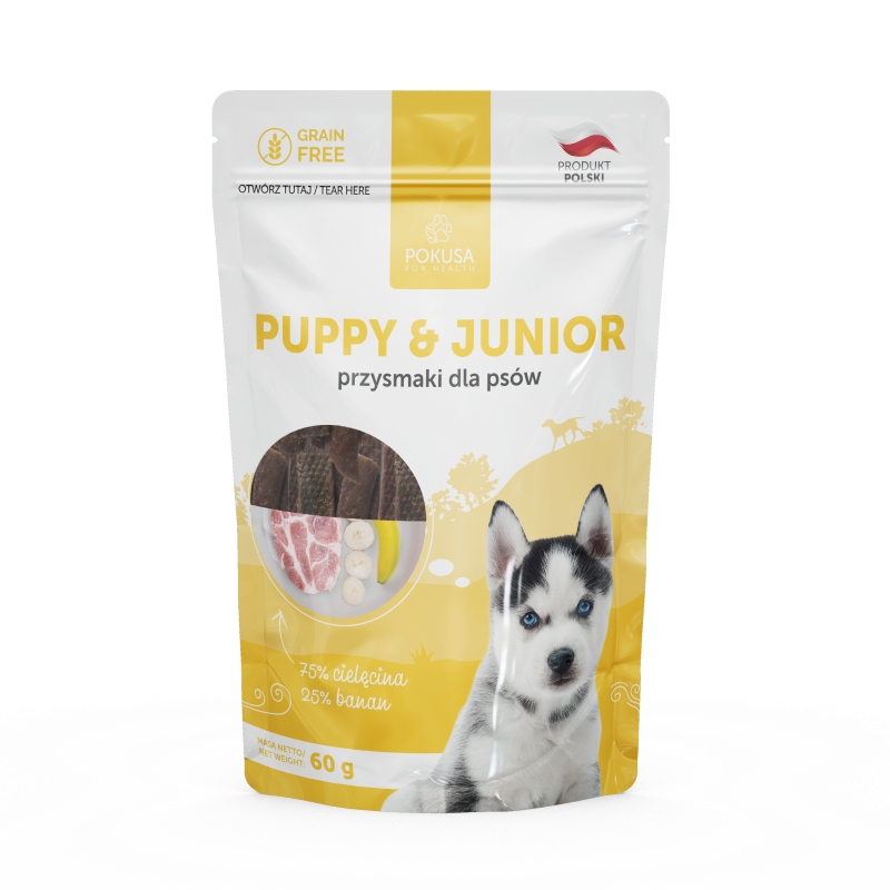 Snack per Cuccioli al Vitello e Banana – 75% di Carne – Premietti Naturali dai 3 Mesi – Puppy&Junior
