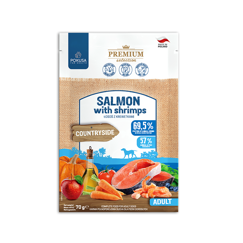 Cibo Secco per Cani al Salmone e Gamberetti – Senza Cereali Super Premium – Salmone e Gamberetti – Premium Selection
