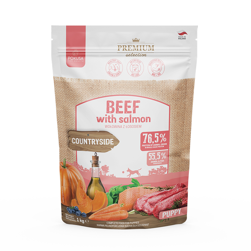 Cibo Secco per Cuccioli Manzo e Salmone – Ipoallergenico Senza Cereali – Manzo e Salmone – Premium Selection