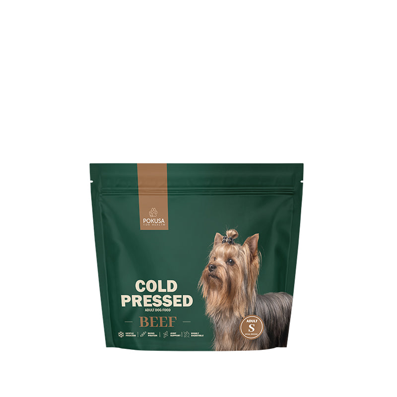 Pokusa Cold Pressed Nöt Monoprotein Torrfoder för Vuxna Hundar Hypoallergen Storlek S
